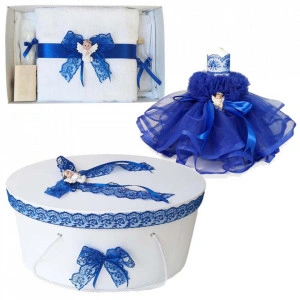 Set dantela trusou botez, cutie trusou si lumanare, Ingeras, decor albastru, Denikos® 476
