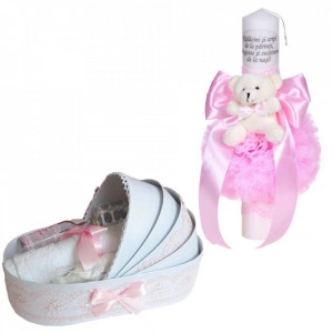 Set lumanare botez cu mesaj si ursulet si trusou botez in landou, decor dantela roz lata, Denikos® C1086