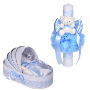 Set lumanare botez cu ursulet si trusou botez in landou, decor dantela bleu ingusta, Denikos® C1099