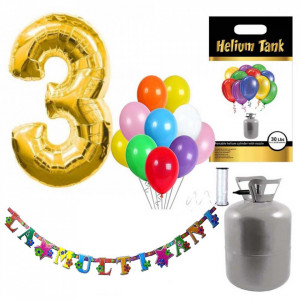 Set party butelie heliu, balon cifra 3 folie, banner si 10 baloane latex