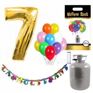 Set party butelie heliu, balon cifra 7 folie, banner si 10 baloane latex