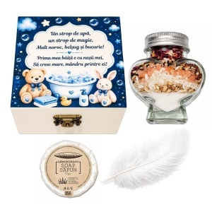 Set prima baita dupa botez cu nasii pentru baietel - Cutie amintiri, sapun, fulg si borcanel cu ingrediente traditionale, Denikos® NK96