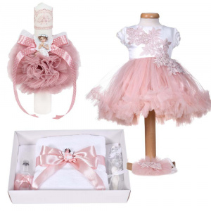 Set trusou botez biserica fetita, lumanare botez cu ingeras si rochita botez maneca scurta, 2 piese, decor alb, roz pudra, Denikos® 10-31