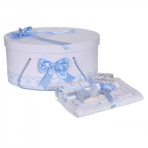 Set trusou botez, cutie trusou si lumanare iepuras pufos, dantela si fundite, decor Bleu, Denikos® 895 - Img 5