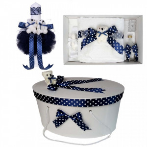 Set trusou botez, cutie trusou si lumanare, Ursulet, fundita bleumarin, Denikos® 17