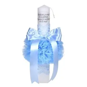 Set trusou botez in landou decorat cu dantela, lumanare personalizata cu mesaj din partea nasilor si set pentru prima baita dupa botez pentru baieti, culoare bleu, Denikos NK144 - Img 2