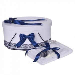 Set trusou botez si cutie trusou, dantela si fundite, decor Bleumarin, Denikos® 841