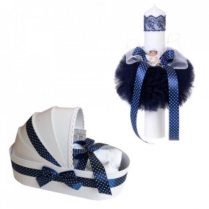 Trusou botez in landou si lumanare cu ingeras, decor bleumarin Denikos® 112