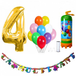Butelie heliu, cifra 4 balon folie, banner si 10 baloane latex