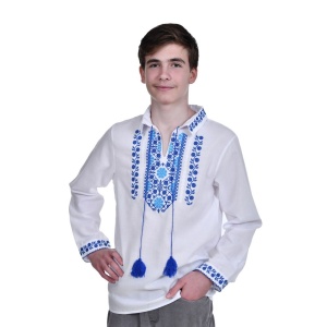 Camasa traditionala baieti, alba, broderie florala albastra, Denikos®TD203