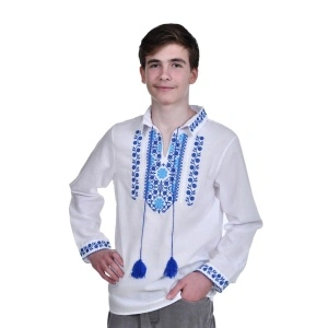 Camasa traditionala baieti, alba, broderie florala albastra, Denikos®TD203