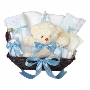 Cos cadou trusou botez, Ursulet, decor Bleu buline, 12 piese, Denikos® 641