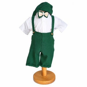 Costum botez baiat verde cu pantaloni trei sferturi cu bretele, camasa tip body, papion si bascuta eleganta, Denikos® H045 - Img 2