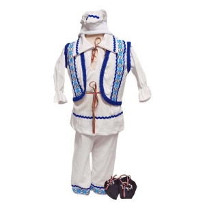 Costum botez traditional pentru baieti, alb cu motive romanesti albastre, 5 piese, Denikos®PTB01 - Img 1