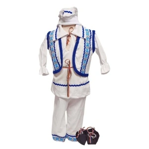 Costum botez traditional pentru baieti, alb cu motive romanesti albastre, 5 piese, Denikos®PTB01