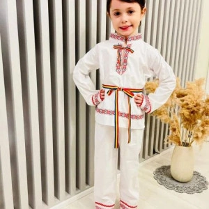 Costum national baietel, 3 piese, alb - rosu, 1 - 9 ani, Denikos® 0206