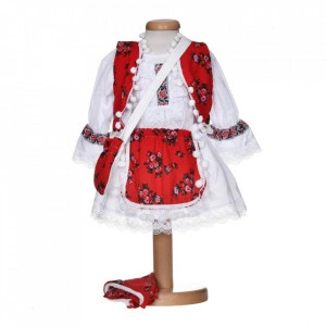 Costum traditional botez pentru fetite, 5 piese, broderie rosie, Denikos® 1026
