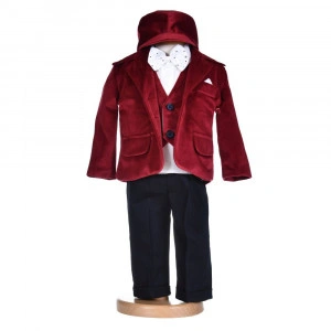 Costumas botez baietel, catifea grena, 5 piese, Denikos® H013