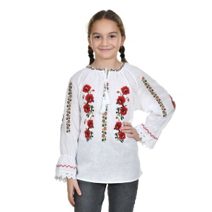 Ie traditionala fata, alba, broderie cu motive florale, nationale romanesti, Denikos®TD237