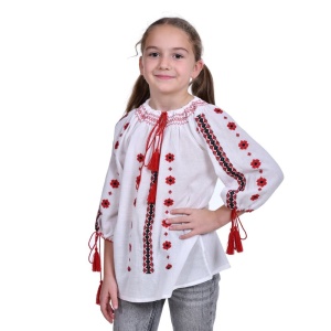 Ie traditionala fetita, alba, broderie rosie, marime unica, 7-10 Ani, Denikos®TD224