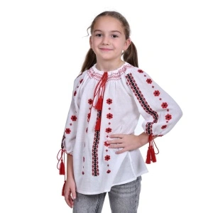 Ie traditionala fetita, alba, broderie rosie, marime unica, 7-10 Ani, Denikos®TD224