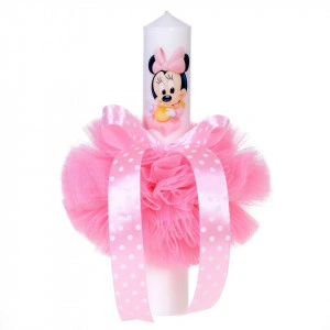Lumanare botez baby girl, glob tul roz si fundita cu buline, Denikos® 84