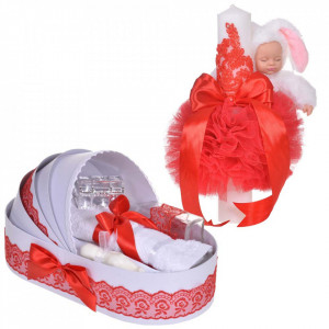 Lumanare botez cu iepuras pufos si trusou botez in landou, decor dantela Rosie, Denikos® 856