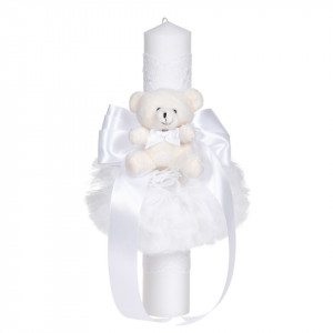 Lumanare botez decor alb, fundita, dantela si ursulet asortate, Denikos® C1051
