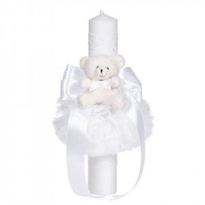 Lumanare botez decor alb, fundita, dantela si ursulet asortate, Denikos® C1051