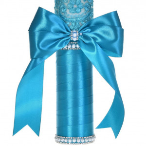 Lumanare botez decor turcoaz elegant, dantela, margelute si fundita asortata, Denikos® C1195 - Img 2
