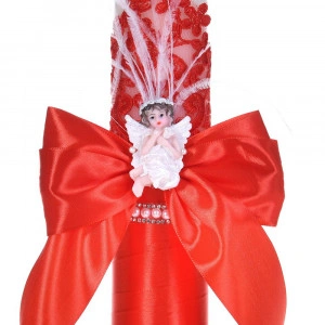 Lumanare botez eleganta decor rosu, dantela, ingeras cu pene si fundita asortata, Denikos® C1185 - Img 2