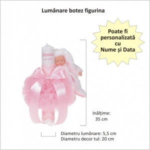 Lumanare botez personalizata, decor roz cu tul, dantela si o jucarie iepuras, Denikos® 732 - Img 2