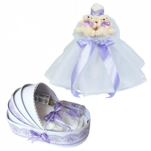 Lumanare botez rochita, cu ursuleti si trusou botez in landou, decor lila, Denikos® 597