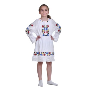 Rochie nationala fetita, alba, broderie florala traditionala, 3-10 Ani, Denikos®TD231