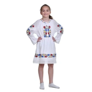 Rochie nationala fetita, alba, broderie florala traditionala, 3-10 Ani, Denikos®TD231