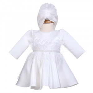 Rochita botez fetite, eleganta, cu pene, culoare alb fildes, 2 piese, Denikos® H050