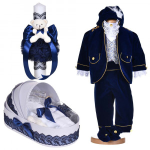 Set botez baiat, costum botez Print Fermecator, 5 piese, trusou botez si lumanare, decor bleumarin, Denikos® C1140