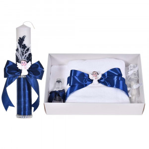 Set botez cochet, lumanare dantela, margelute si ingeras si trusou botez asortat, decor Bleumarin, Denikos® C9312