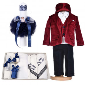 Set botez, costum botez baietel, catifea, grena, 5 piese, trusou botez cu mesaj si lumanare cu ingeras, Denikos® C1168