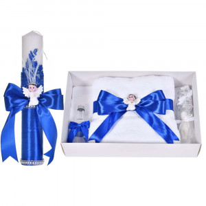 Set botez elegant, lumanare dantela, margelute si ingeras si trusou botez asortat, decor Albastru, Denikos® C9310