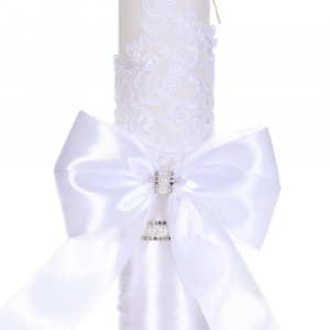Set botez elegant, lumanare margelute si si trusou botez in landou, decor dantela alba ingusta, Denikos® C9300 - Img 3