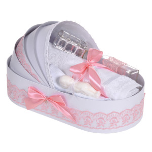 Set botez elegant, lumanare margelute si si trusou botez in landou, decor dantela roz pudra ingusta, Denikos® C9306 - Img 3