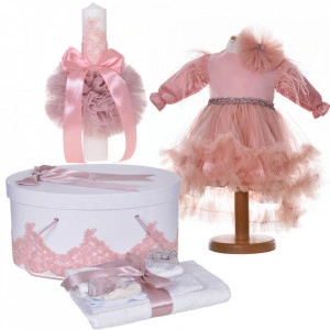 Set botez elegant rochita 2 piese, trusou botez, cutie trusou si lumanare, decor dantela roz pudra, Denikos® C9181