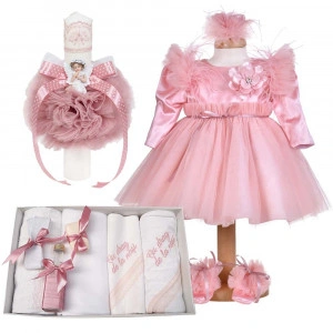 Set botez fetita, rochita 3 piese, trusou botez cu mesaj si lumanare, decor dusty rose, Denikos® C1175