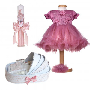 Set botez fetita, trusou botez in landou, lumanare botez cu ingeras si rochita botez maneca scurta, 2 piese, decor roz pudrat inchis, Denikos® 10-82
