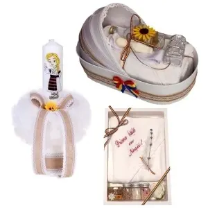 Set botez national fetita cu lumanare, trusou in cutie landou si set baita a doua zi – tricolor traditional romanesc, Denikos NK156