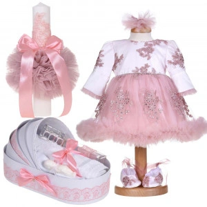 Set botez, rochita botez cu volanas, 3 piese, trusou botez si lumanare, decor dantela dusty rose, Denikos® C1147