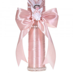 Set botez sic cu lumanare decor dantela, margelute si ingeras si trusou botez asortat, Roz pudra, Denikos® C9316 - Img 4