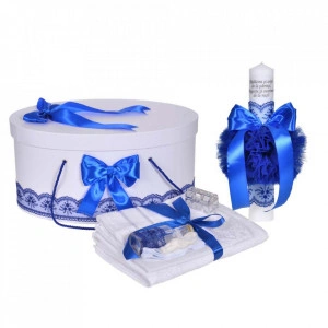 Set botez - trusou botez, lumanare cu mesaj si cutie trusou, decor elegant dantela Albastra, Denikos® C1116