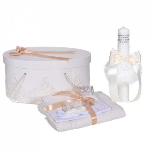 Set botez trusou, lumanare cu mesaj si cutie trusou decor dantela lata Ivoire, Denikos® C1123